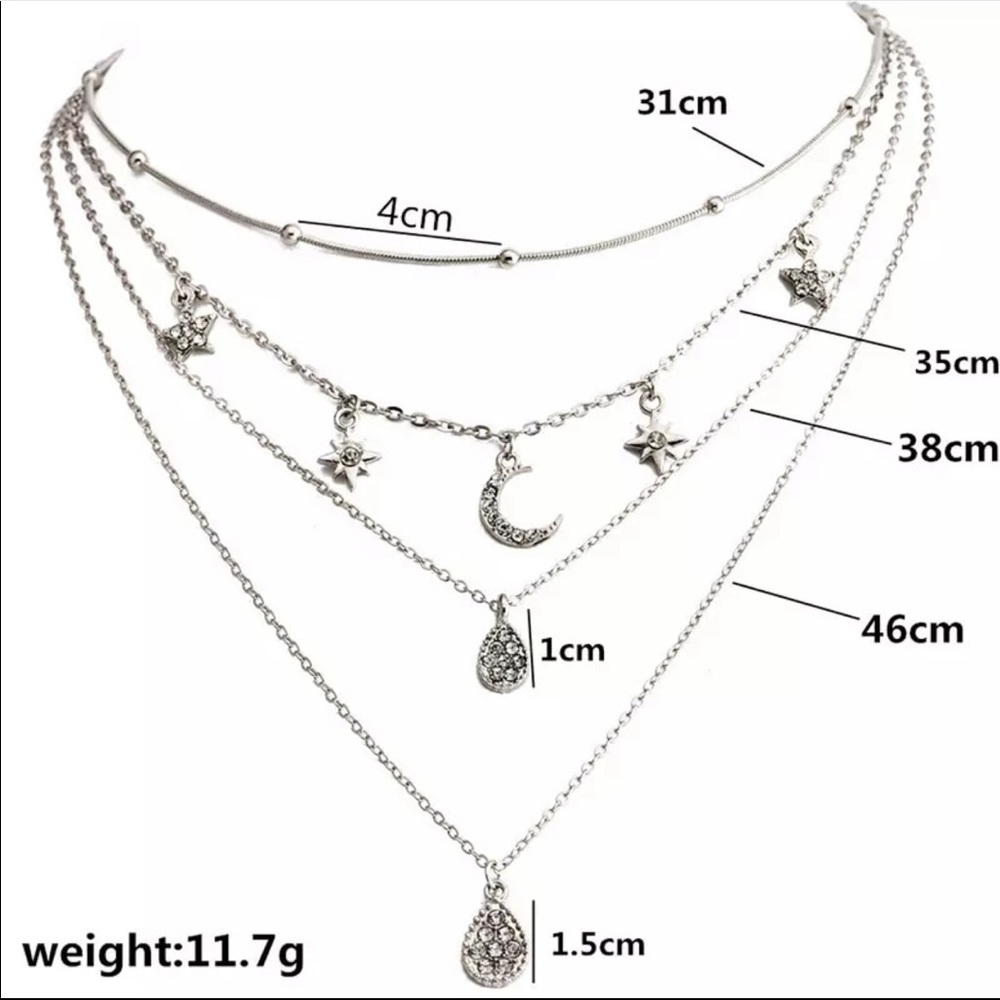 πNEW! Silver Star Moon Gem Multilayer Necklace - Picture 2 of 3